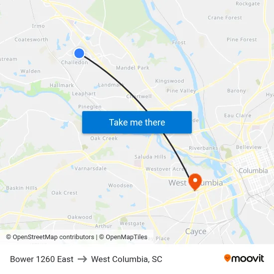 Bower 1260 East to West Columbia, SC map