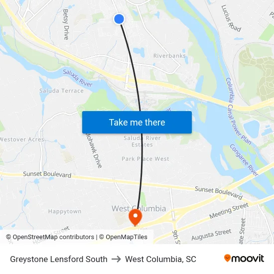 Greystone Lensford South to West Columbia, SC map