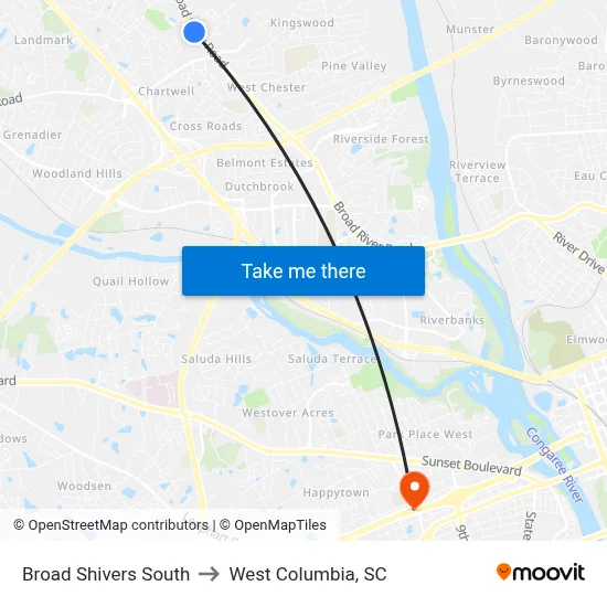 Broad Shivers South to West Columbia, SC map