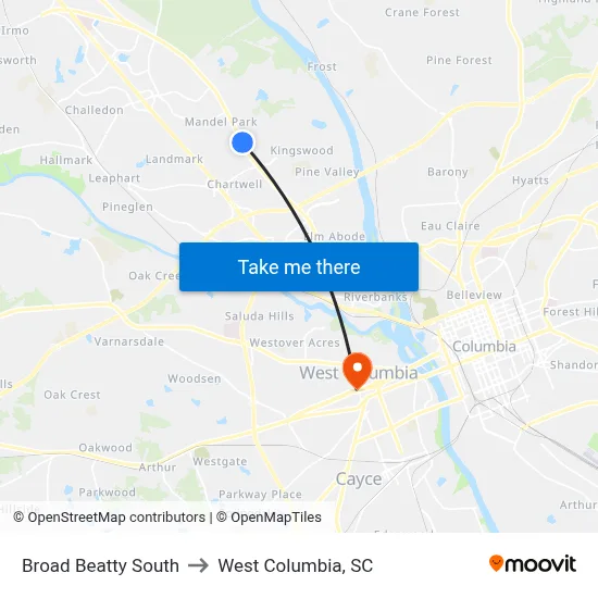 Broad Beatty South to West Columbia, SC map