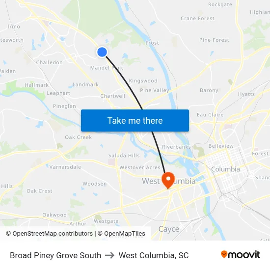 Broad Piney Grove South to West Columbia, SC map