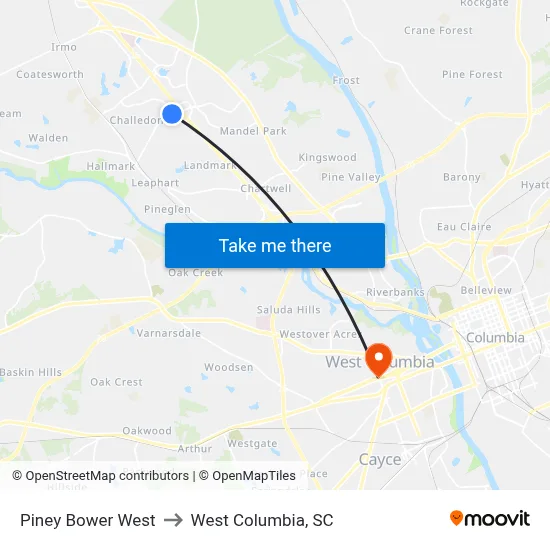 Piney Bower West to West Columbia, SC map