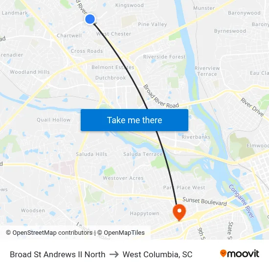 Broad St Andrews II North to West Columbia, SC map