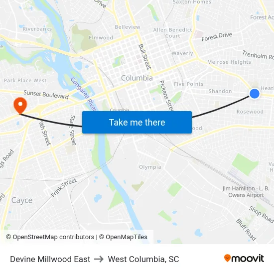 Devine Millwood East to West Columbia, SC map