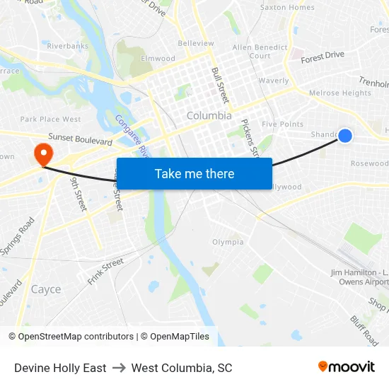Devine Holly East to West Columbia, SC map