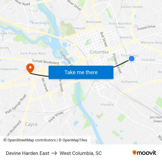 Devine Harden East to West Columbia, SC map