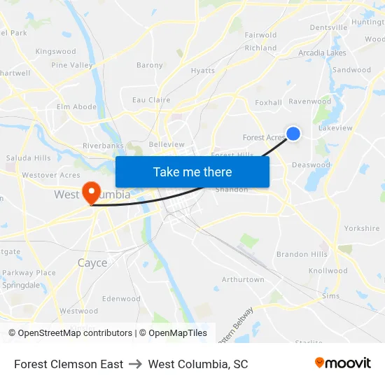 Forest Clemson East to West Columbia, SC map