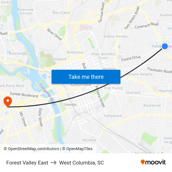 Forest Valley East to West Columbia, SC map