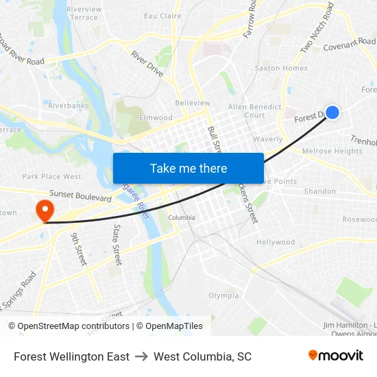 Forest Wellington East to West Columbia, SC map