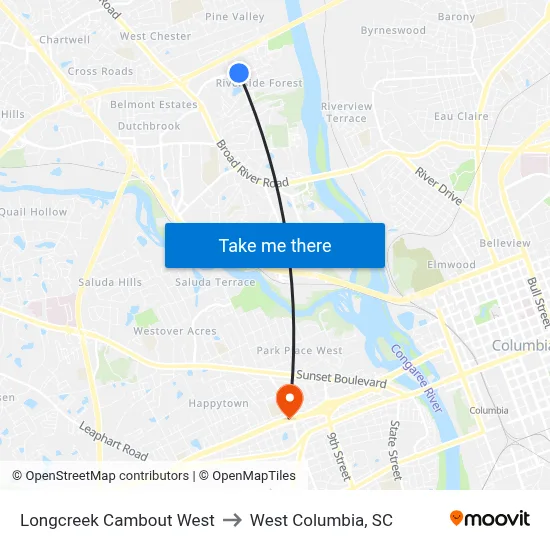 Longcreek Cambout West to West Columbia, SC map