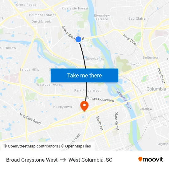 Broad Greystone West to West Columbia, SC map
