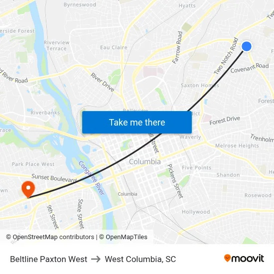 Beltline Paxton West to West Columbia, SC map