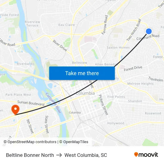 Beltline Bonner North to West Columbia, SC map