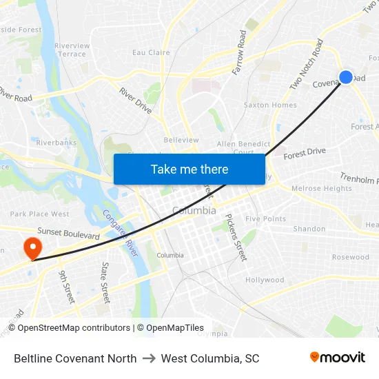 Beltline Covenant North to West Columbia, SC map