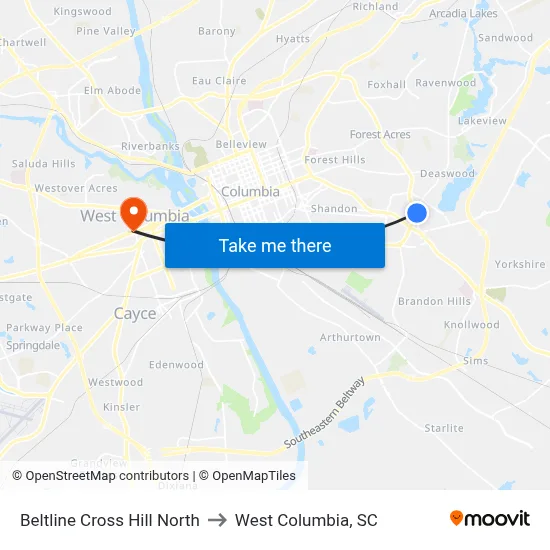 Beltline Cross Hill North to West Columbia, SC map