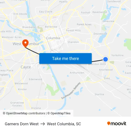 Garners Dorn West to West Columbia, SC map