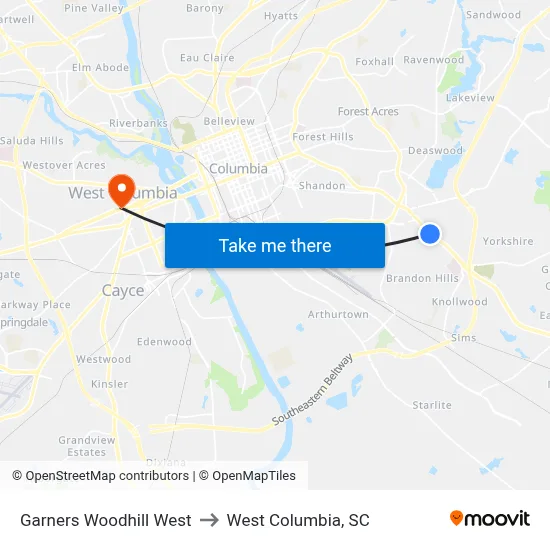 Garners Woodhill West to West Columbia, SC map