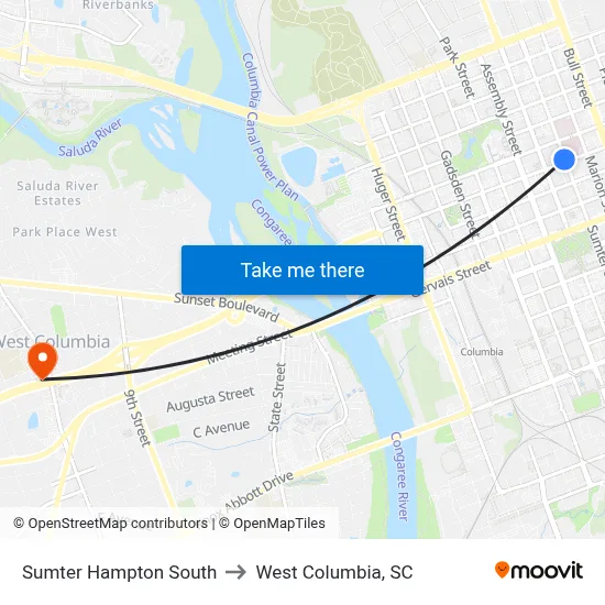 Sumter Hampton South to West Columbia, SC map