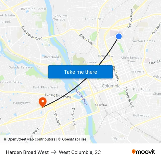 Harden Broad West to West Columbia, SC map