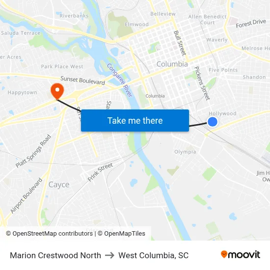 Marion Crestwood North to West Columbia, SC map