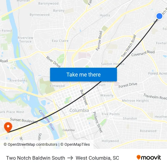 Two Notch Baldwin South to West Columbia, SC map