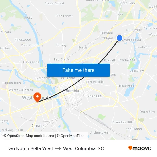 Two Notch Bella West to West Columbia, SC map