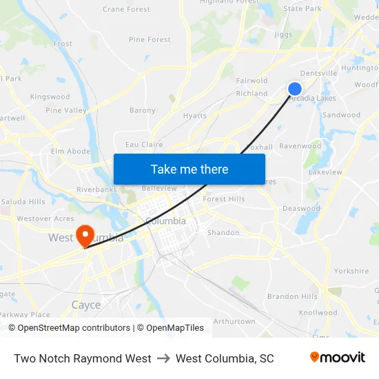 Two Notch Raymond West to West Columbia, SC map