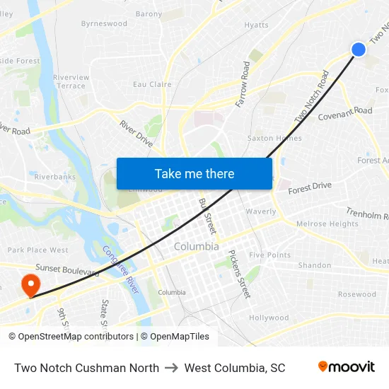 Two Notch Cushman North to West Columbia, SC map
