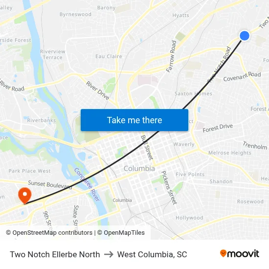 Two Notch Ellerbe North to West Columbia, SC map