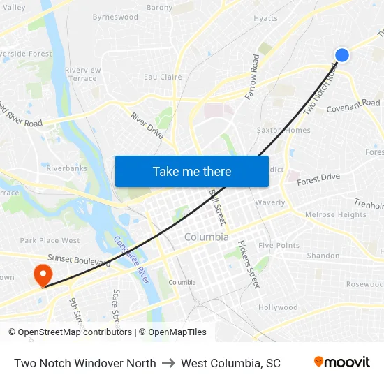 Two Notch Windover North to West Columbia, SC map