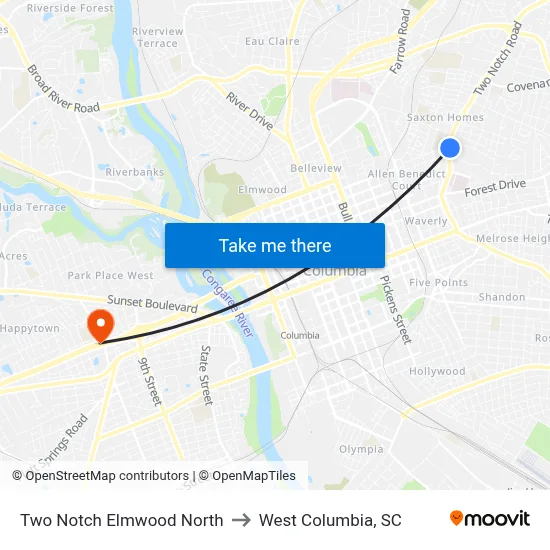 Two Notch Elmwood North to West Columbia, SC map