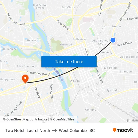 Two Notch Laurel North to West Columbia, SC map