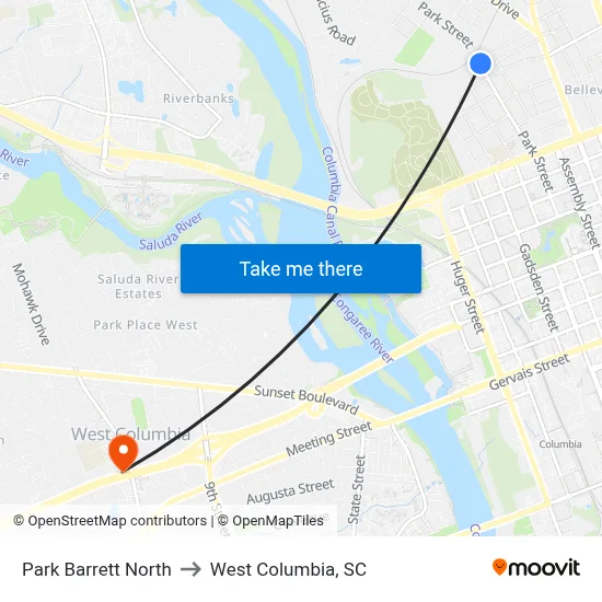 Park Barrett North to West Columbia, SC map