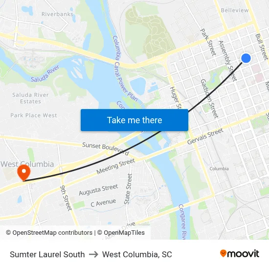 Sumter Laurel South to West Columbia, SC map