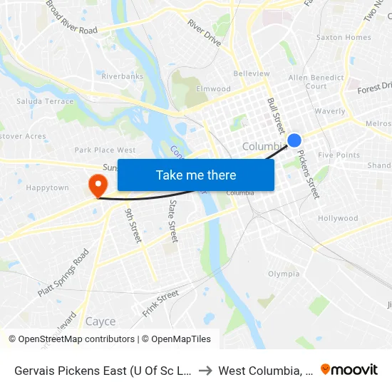 Gervais Pickens East (U Of Sc Law) to West Columbia, SC map