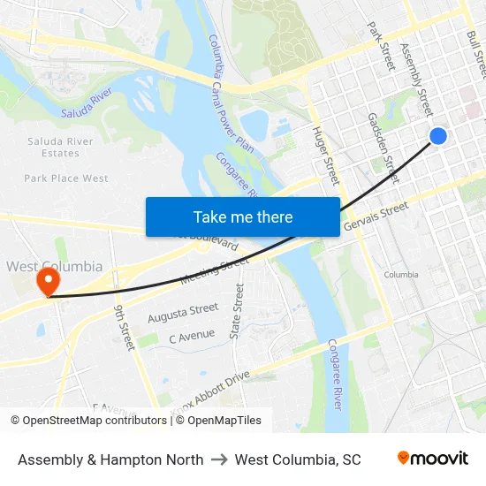 Assembly & Hampton North to West Columbia, SC map