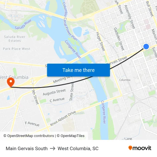 Main Gervais South to West Columbia, SC map