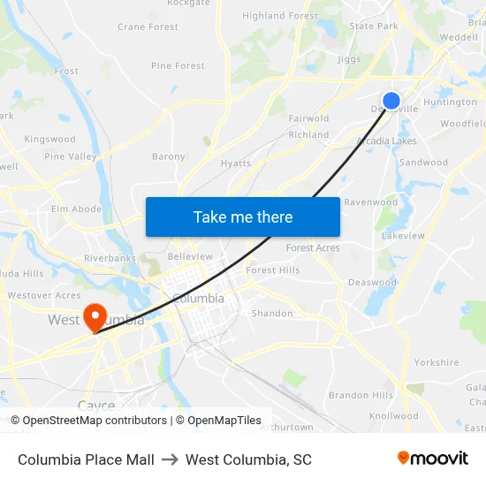Columbia Place Mall to West Columbia, SC map
