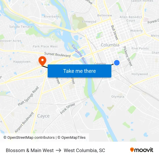 Blossom & Main West to West Columbia, SC map