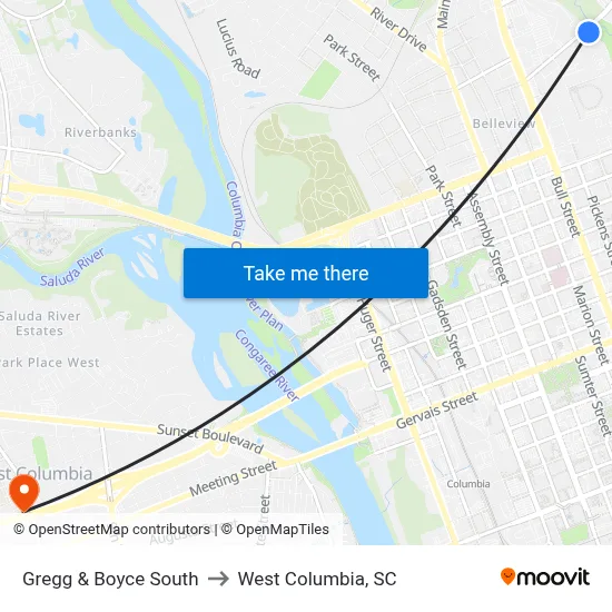 Gregg & Boyce South to West Columbia, SC map