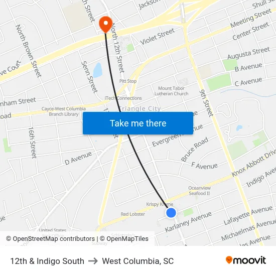 12th & Indigo South to West Columbia, SC map