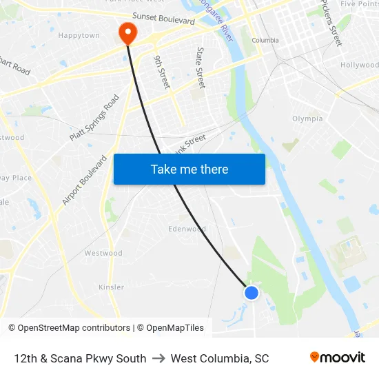 12th & Scana Pkwy South to West Columbia, SC map