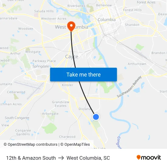 12th & Amazon South to West Columbia, SC map