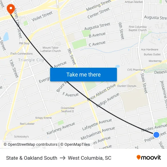 State & Oakland South to West Columbia, SC map