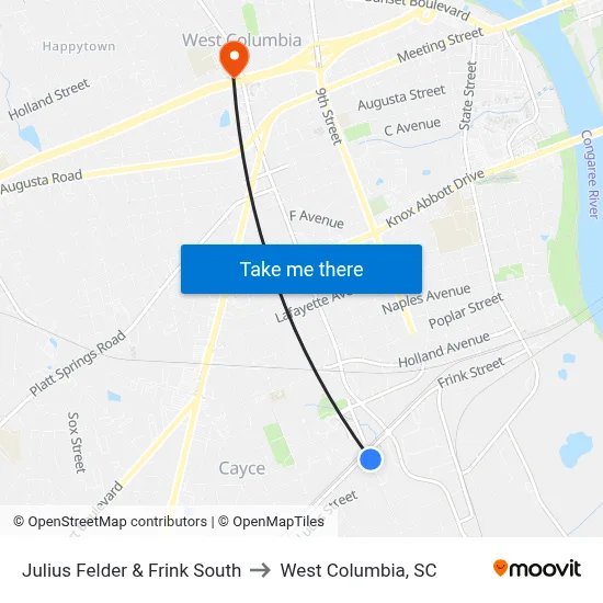 Julius Felder & Frink South to West Columbia, SC map