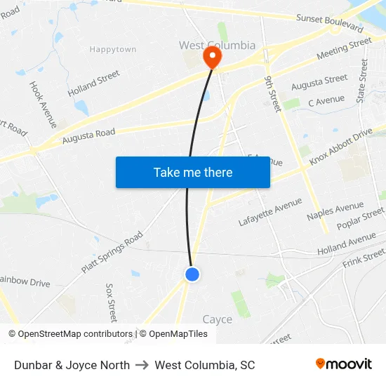 Dunbar & Joyce North to West Columbia, SC map