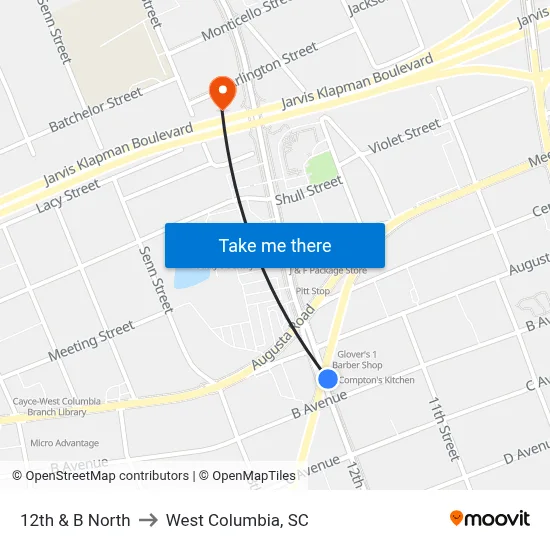 12th & B North to West Columbia, SC map