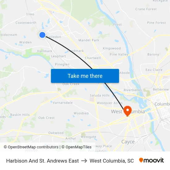 Harbison And St. Andrews East to West Columbia, SC map