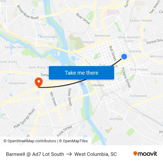 Barnwell @ Ad7 Lot South to West Columbia, SC map