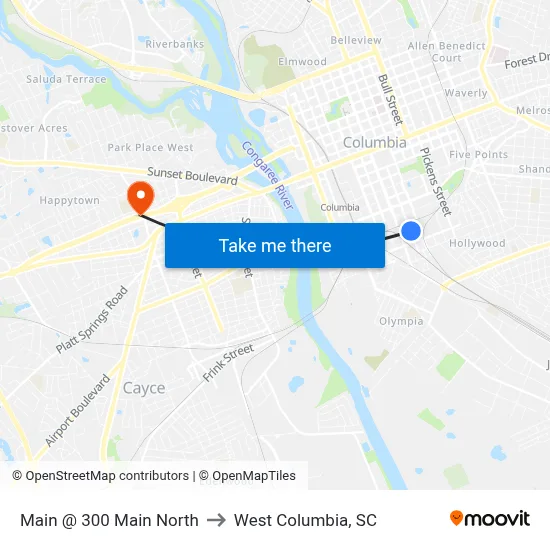 Main @ 300 Main North to West Columbia, SC map